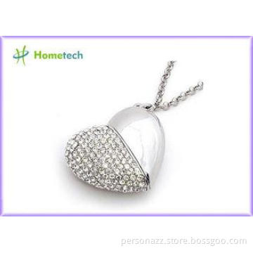Silver USB 1.1 / 2.0 Crystal Heart USB Flash Drive Jewelry,